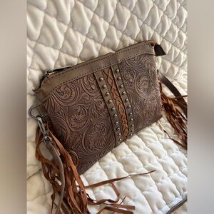 Brown Tooled Leather Crossbody Bag with Fringe